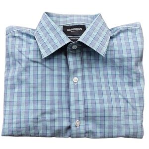Bononos - Blue Plaid Tailored Slim Fit Wrinkly Free Italian Dress Shirt 15.5 33